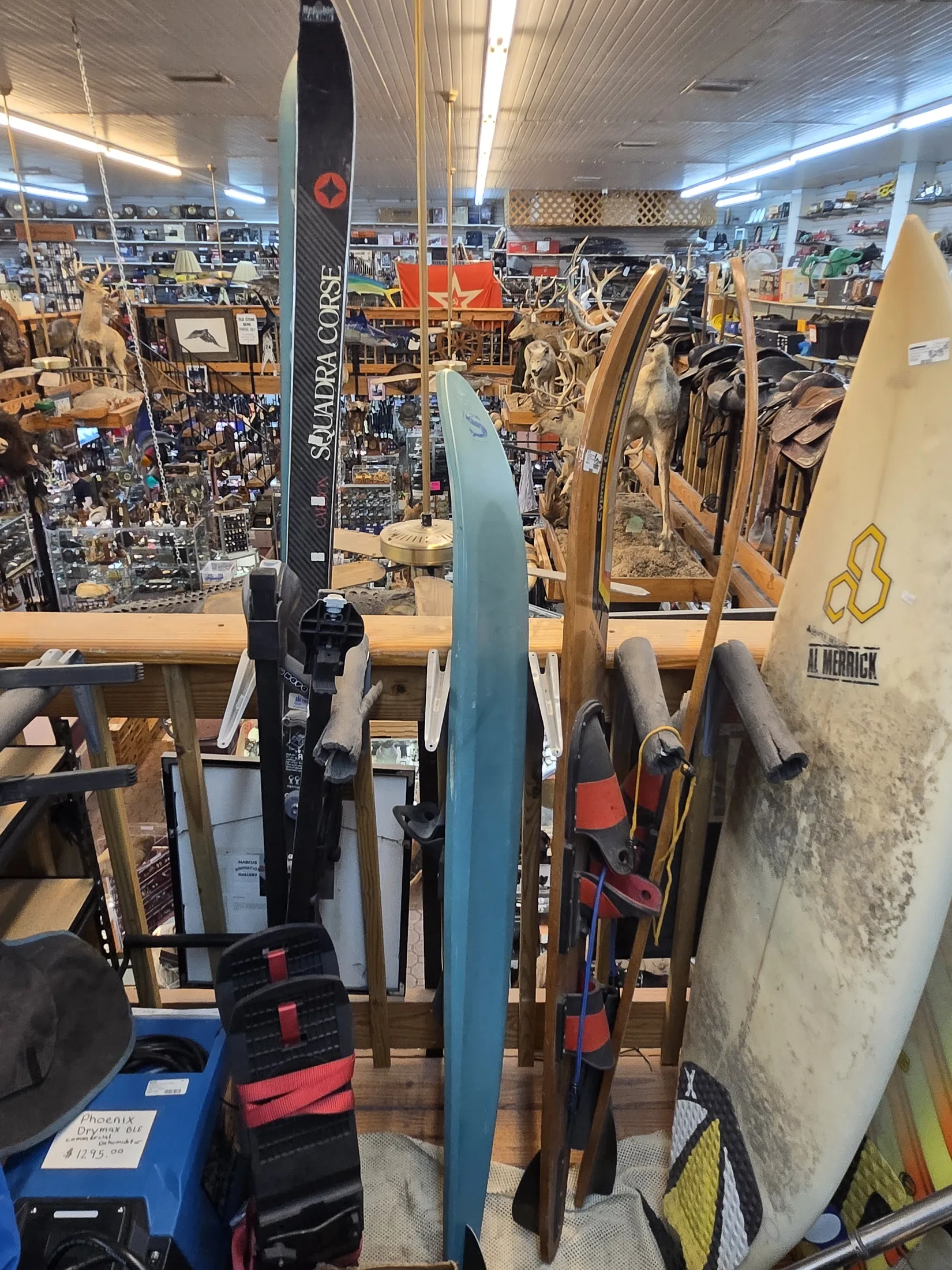 Water skis and surfboards standing in the sporting goods area at AAA Gun & Pawn